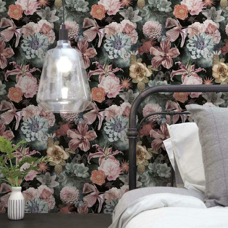 RoomMates RMK11719RL Pink and Green Vintage Floral Blooms Peel and Stick Wallpaper - Image 1